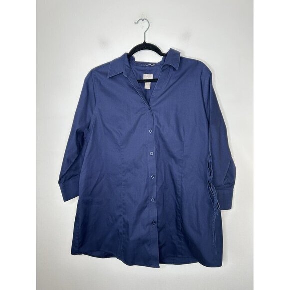 Chico Wrinkle Resistant Top Womens Navy Blue Button Shirt 3/4 Sleeve Size 2 - Picture 1 of 9